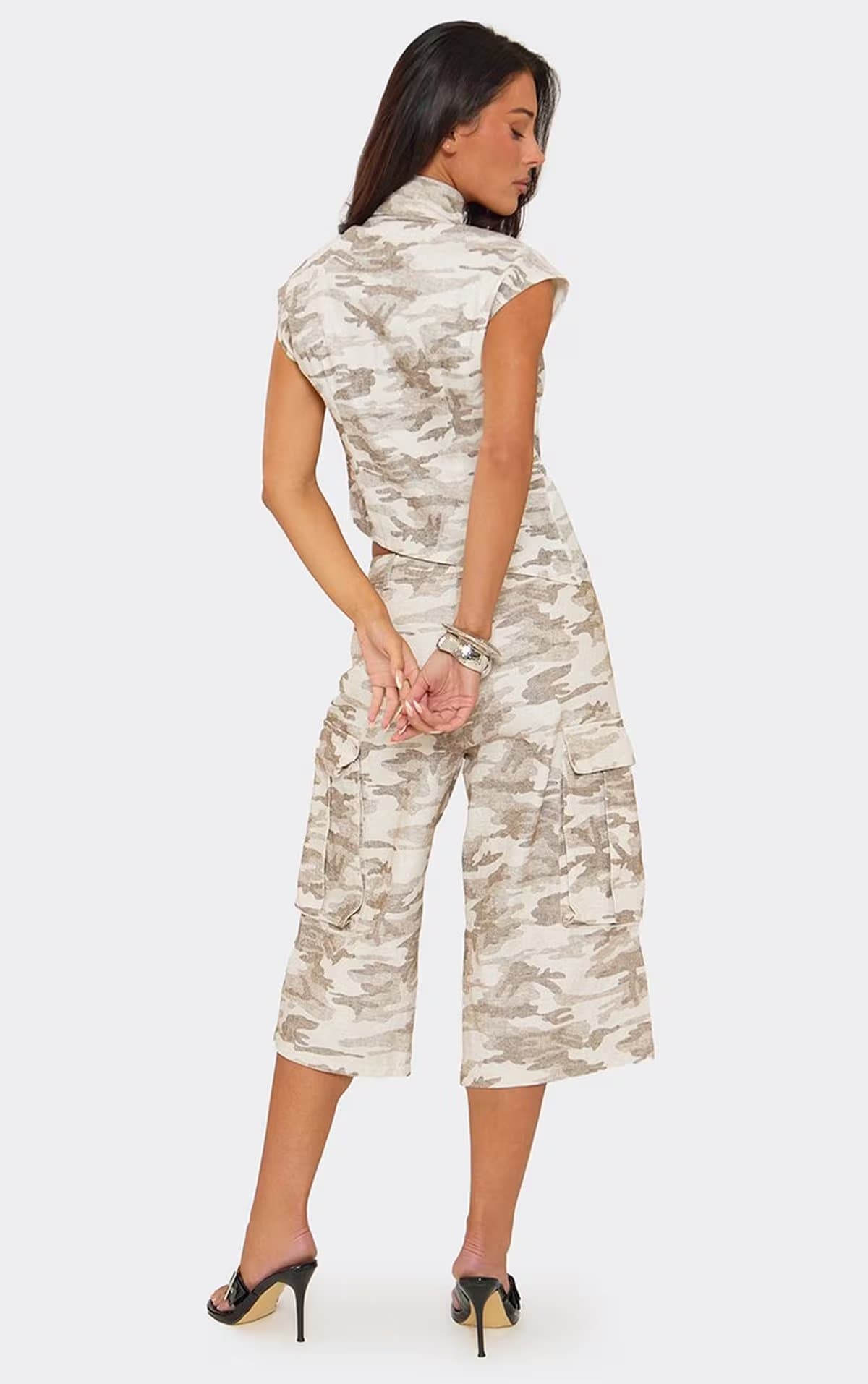 EGO Mid Rise Pocket Detail Cargo Jorts In Green Camo Print Denim, Women's Size UK 6
