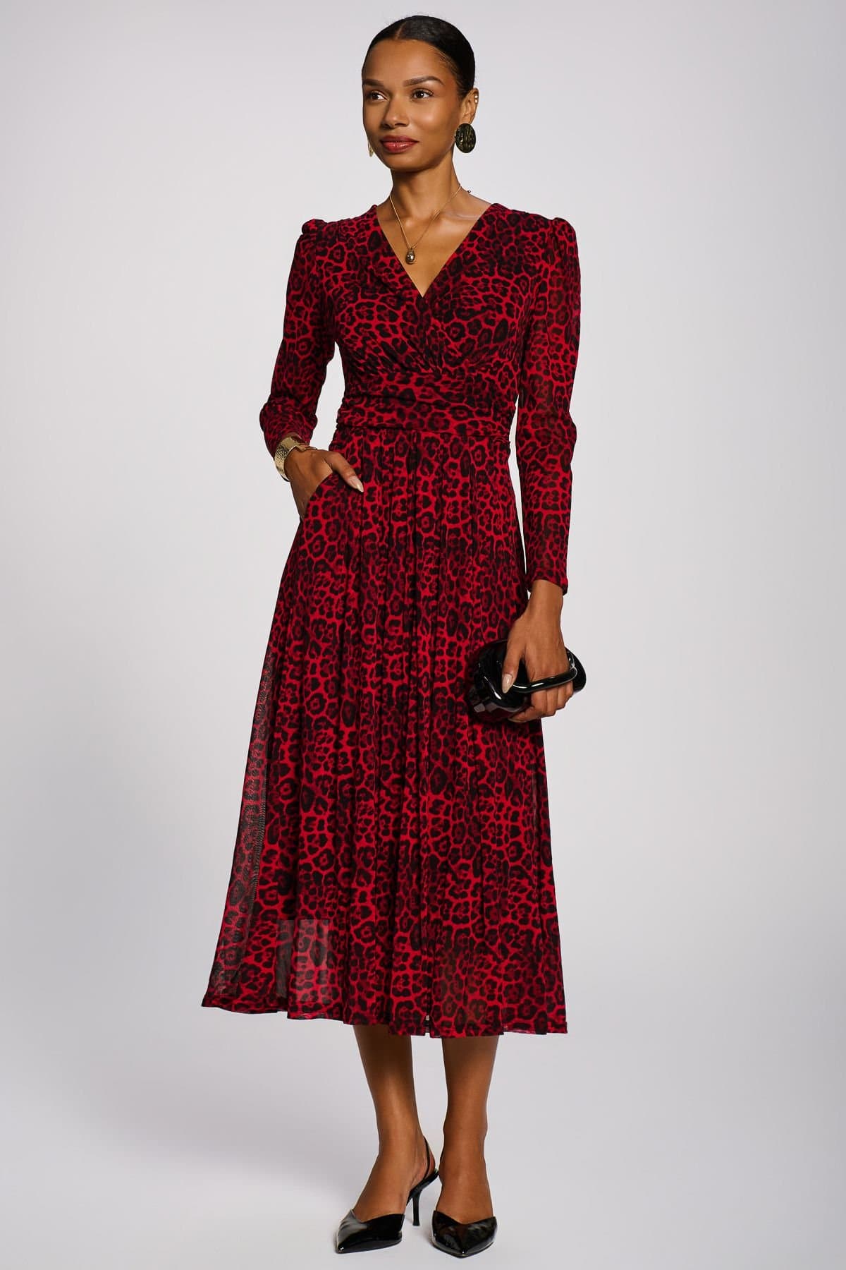 Jolie Moi Jolie Moi Women's Long Sleeve Print Mesh Maxi Dress in Dark Red
