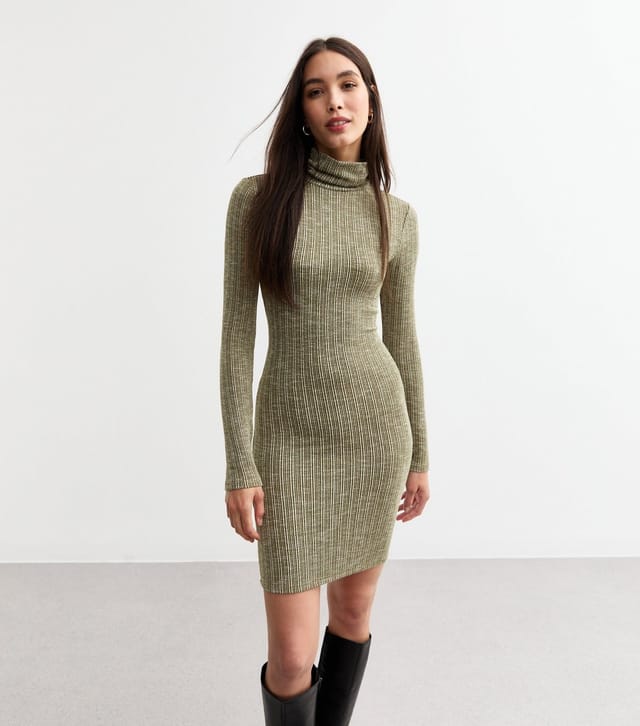 New Look Women's Khaki Fine Rib Knit Roll Neck Mini Dress New Look - 2
