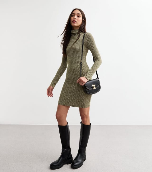 New Look Women's Khaki Fine Rib Knit Roll Neck Mini Dress New Look - 3