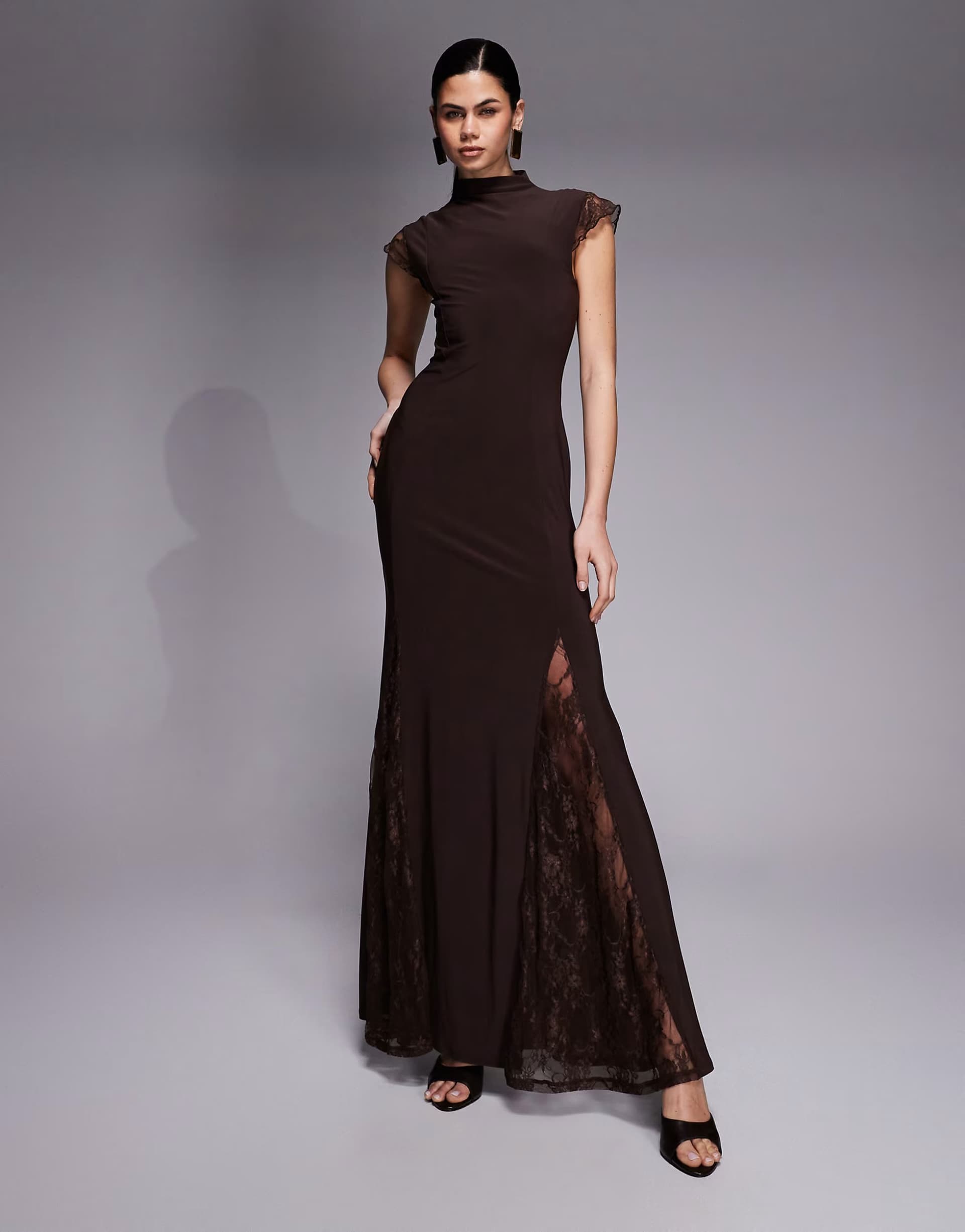 ASOS ASOS DESIGN high neck cap sleeve maxi dress with lace insert detailing in brown