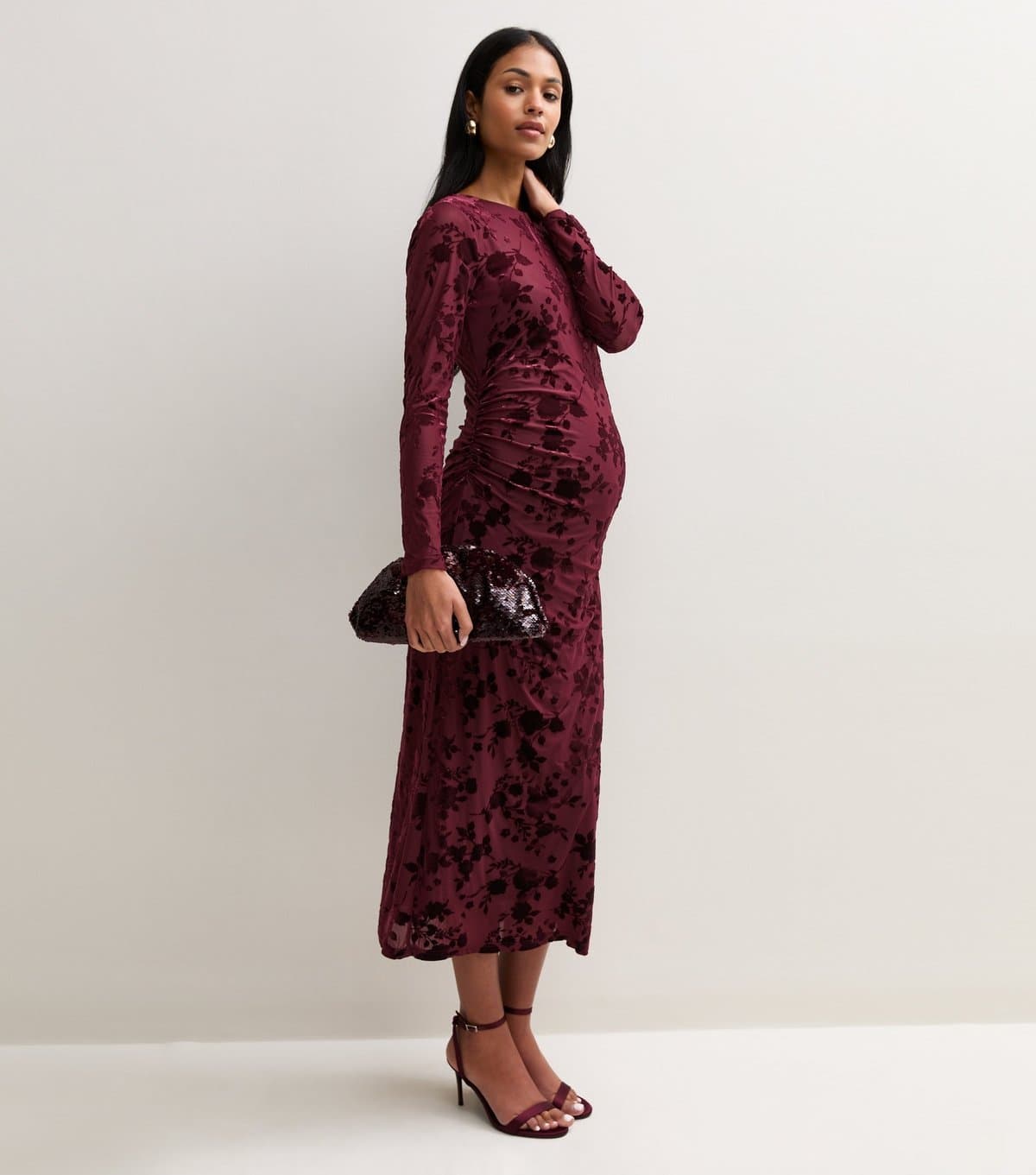 New Look Women's Maternity Dark Burgundy Floral Flocked Long Sleeve Midi Dress New Look