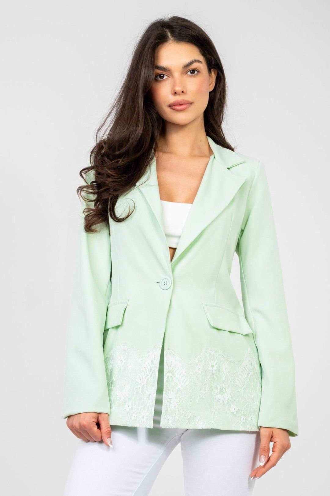 Love Lace Love Lace Women's Elegant Lace Trim Blazer with Shoulder Pads Style 224884 in Mint