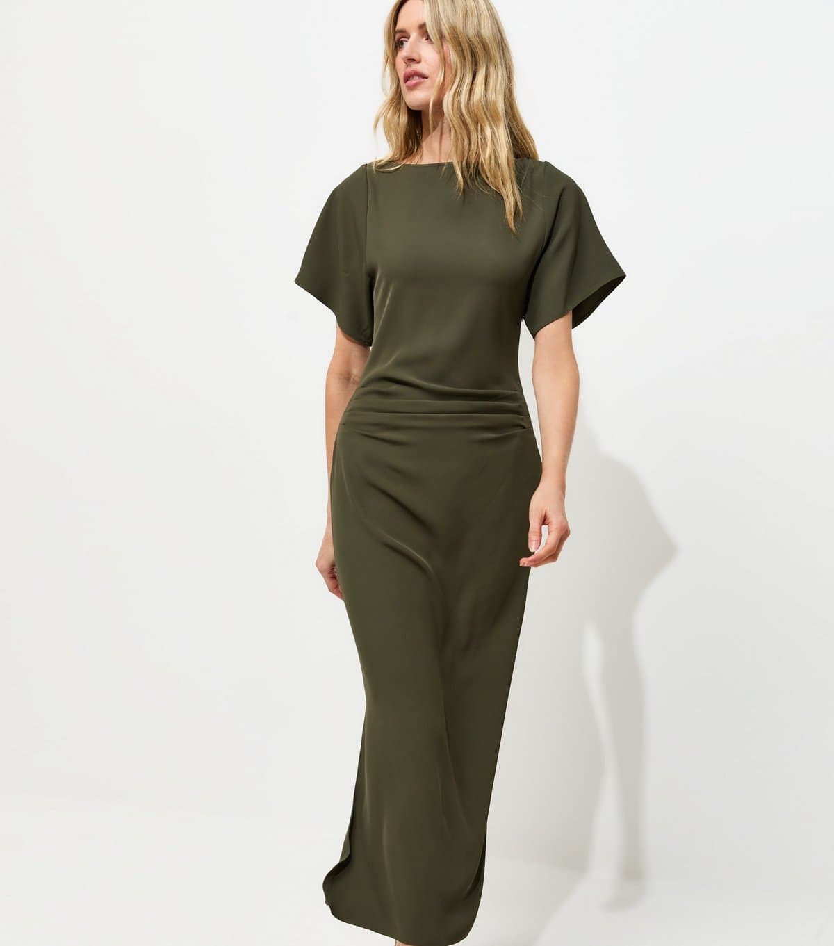 New Look Women's Tall Dark Khaki Slash Neck Ruched Side Midi Dress New Look