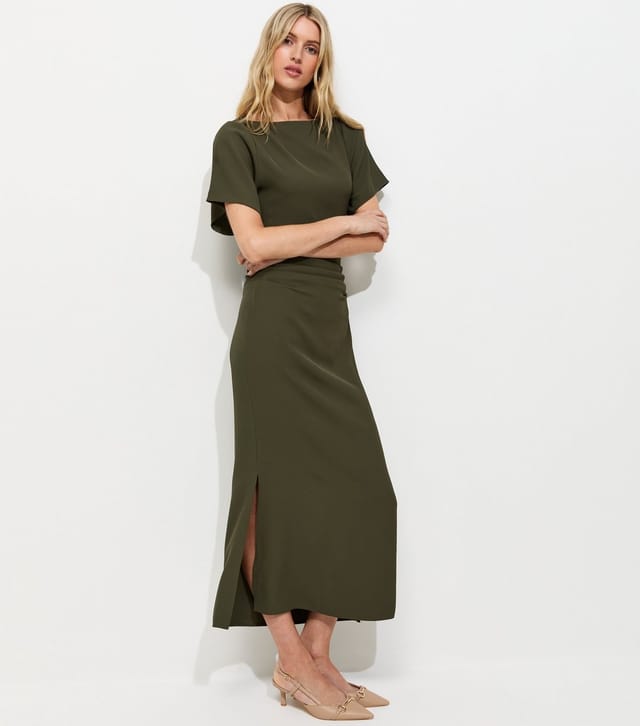 New Look Women's Tall Dark Khaki Slash Neck Ruched Side Midi Dress New Look - 3