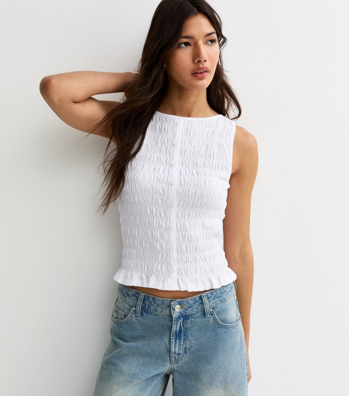 New Look Women's White Shirred Button Front Sleeveless Top New Look - 1