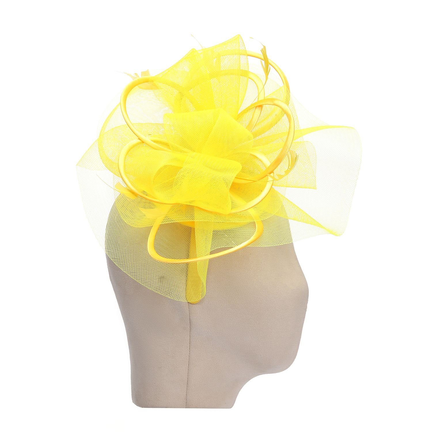 PEACH ACCESSORIES PEACH ACCESSORIES Women's Plain Delicate Mesh Loops & Feather Accents Fascinator in Yellow - 2