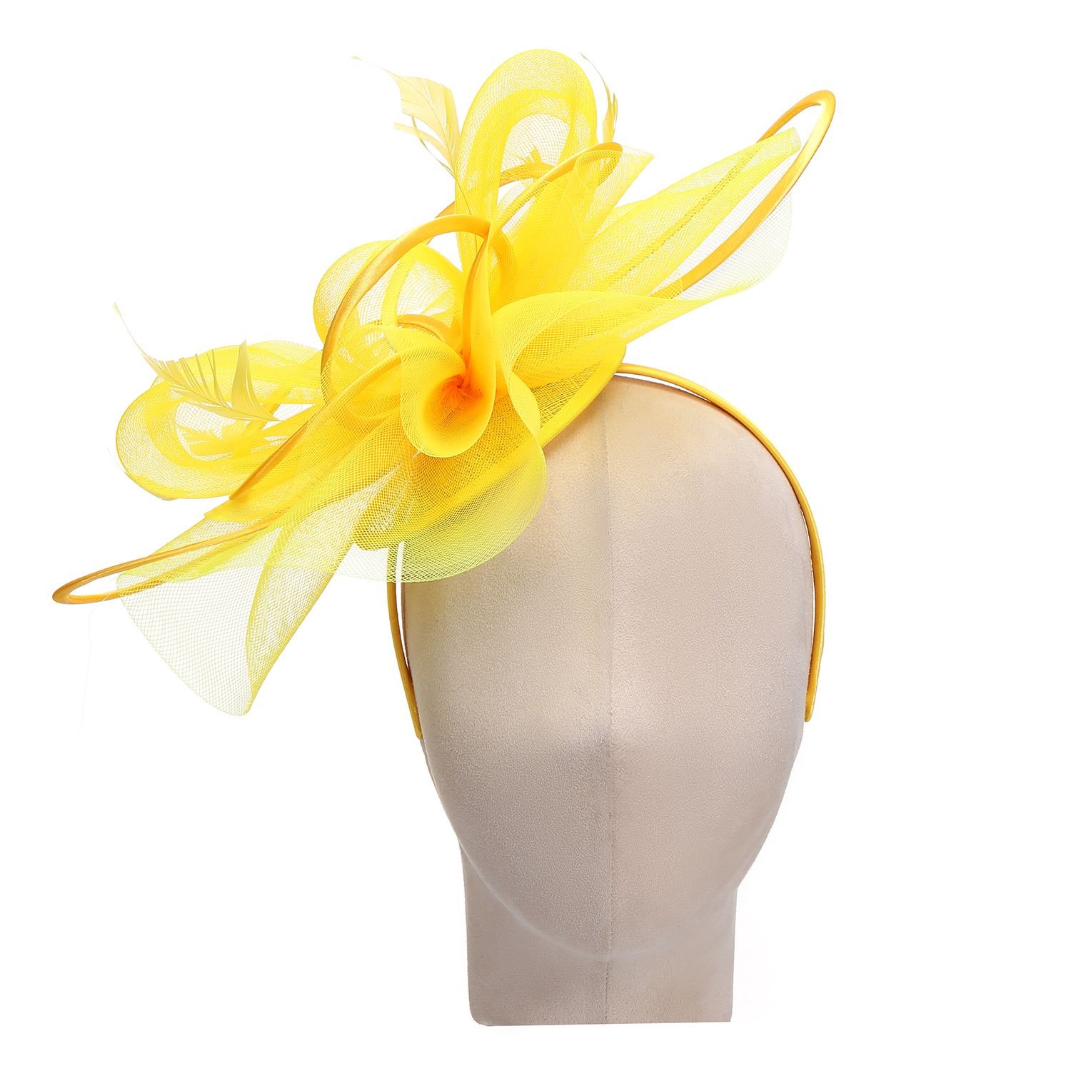 PEACH ACCESSORIES PEACH ACCESSORIES Women's Plain Delicate Mesh Loops & Feather Accents Fascinator in Yellow - 3