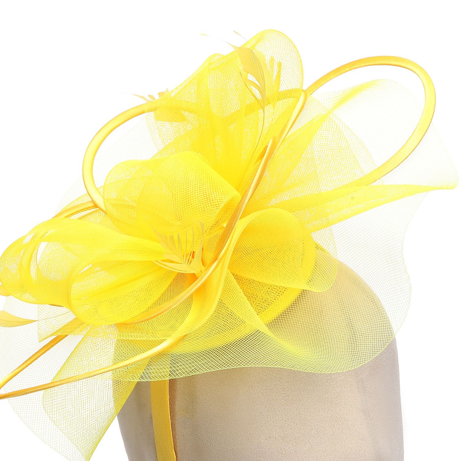PEACH ACCESSORIES PEACH ACCESSORIES Women's Plain Delicate Mesh Loops & Feather Accents Fascinator in Yellow - 4