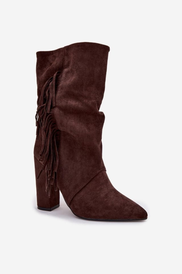 Love Lace Love Lace Women's Boho Slip On Ankle Boots Soft Suede Column Heel Fringes in Brown - 2