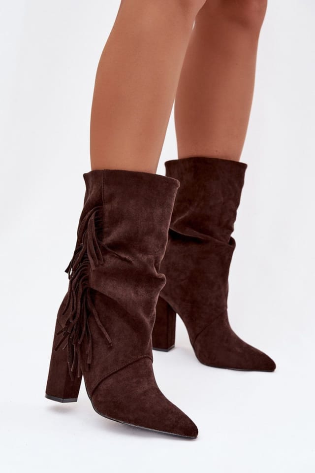 Love Lace Love Lace Women's Boho Slip On Ankle Boots Soft Suede Column Heel Fringes in Brown - 3