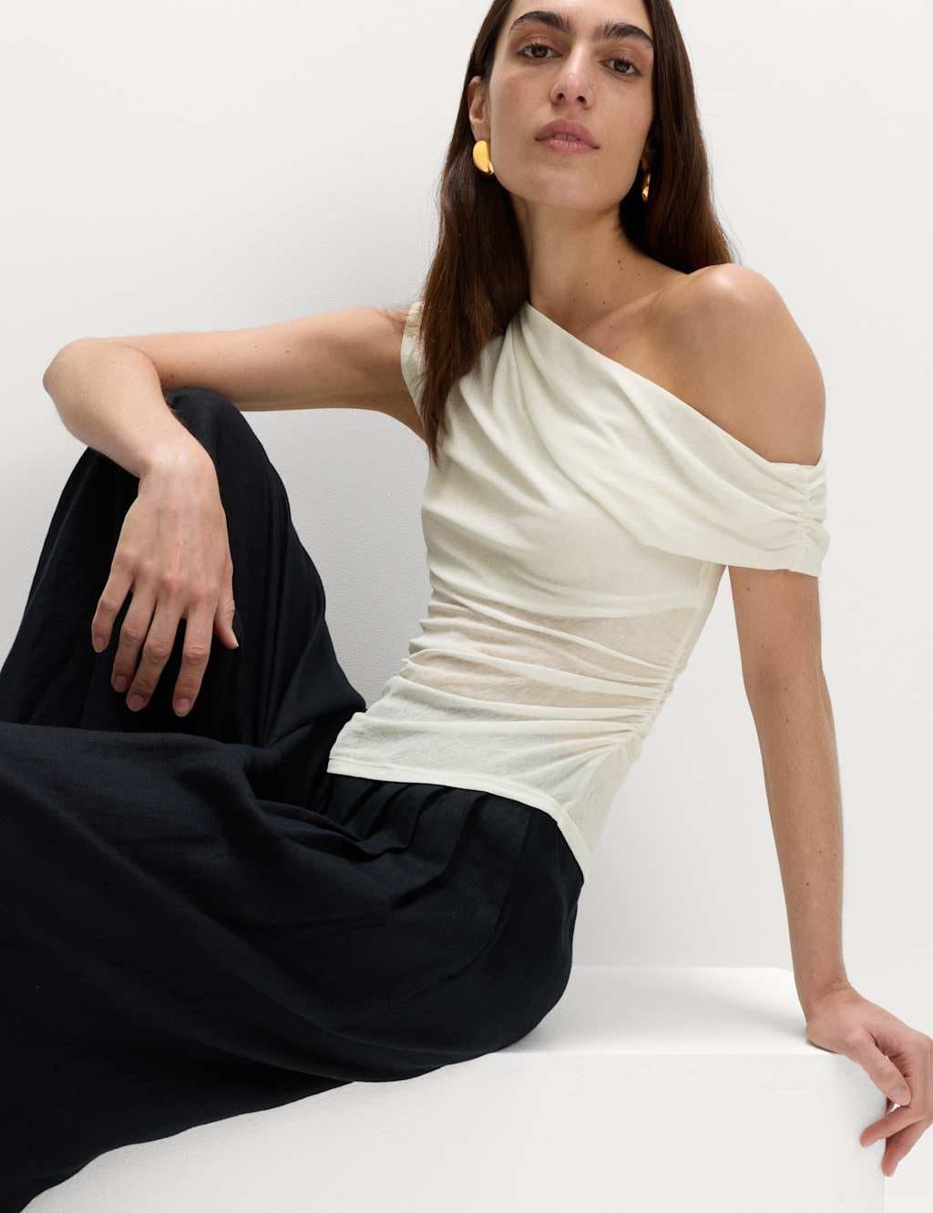Marks & Spencer M&S Asymmetric Mesh Drape Top Ivory