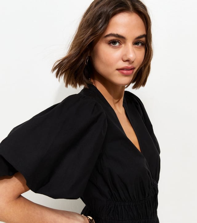 New Look Women's Black Cotton Puff Sleeve Midi Dress New Look - 3