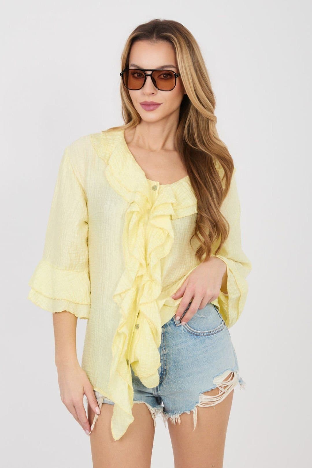Love Lace Love Lace Women's Boho V Neck Long Sleeve Ruffle Shirt in Yellow