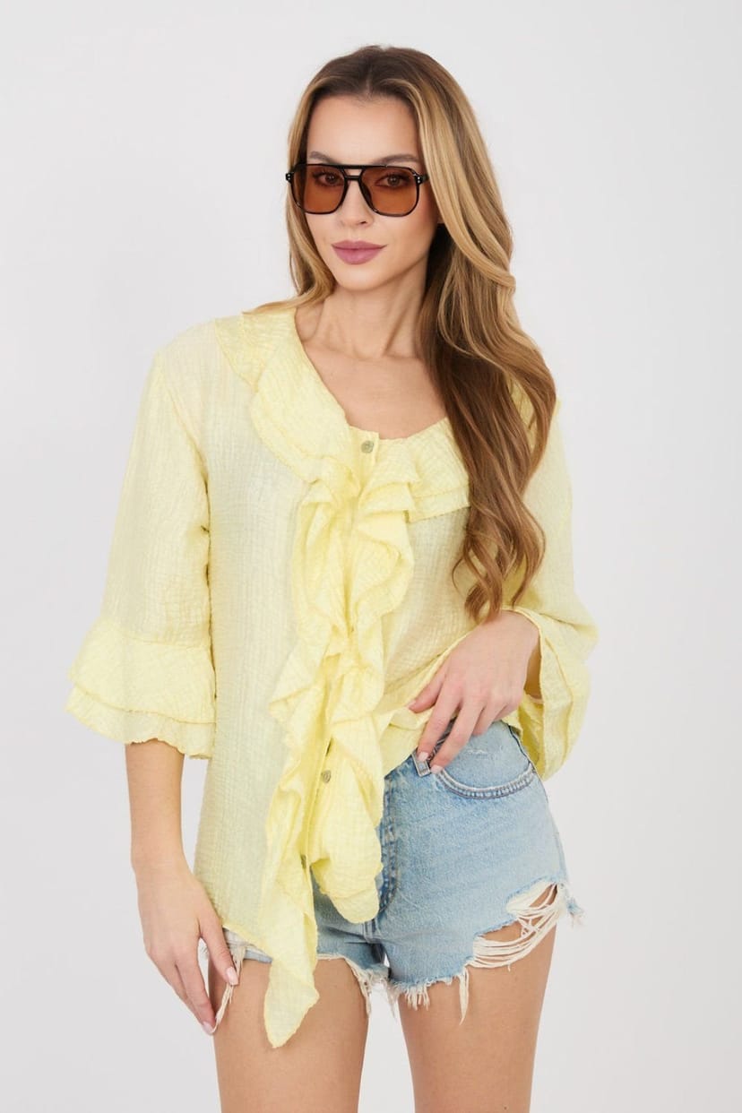 Love Lace Love Lace Women's Boho V Neck Long Sleeve Ruffle Shirt in Yellow - 1