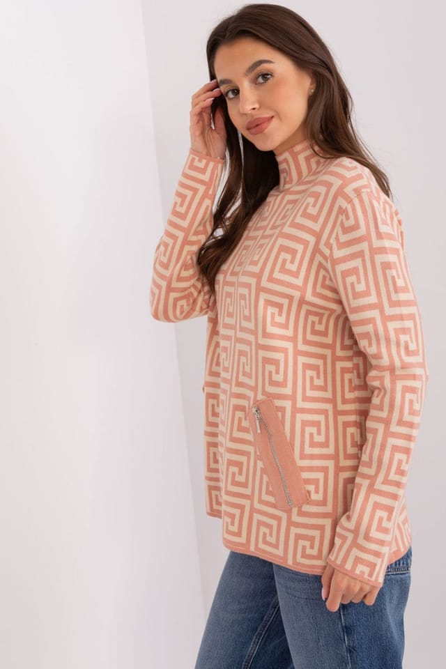Love Lace Love Lace Women's Geometric Half Turtleneck Sweater with Pockets in Orange - 2