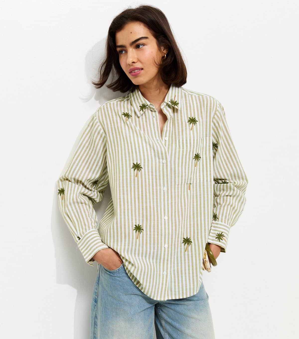New Look Women's Green Striped Palm Tree Embroidered Shirt New Look