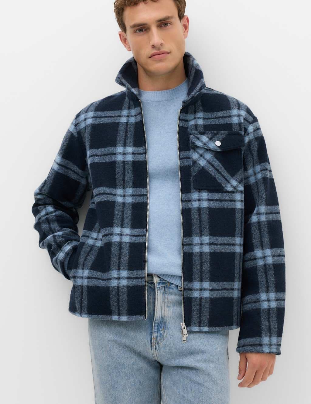 Marks & Spencer M&S Wool Blend Fleece Check Overshirt Navy