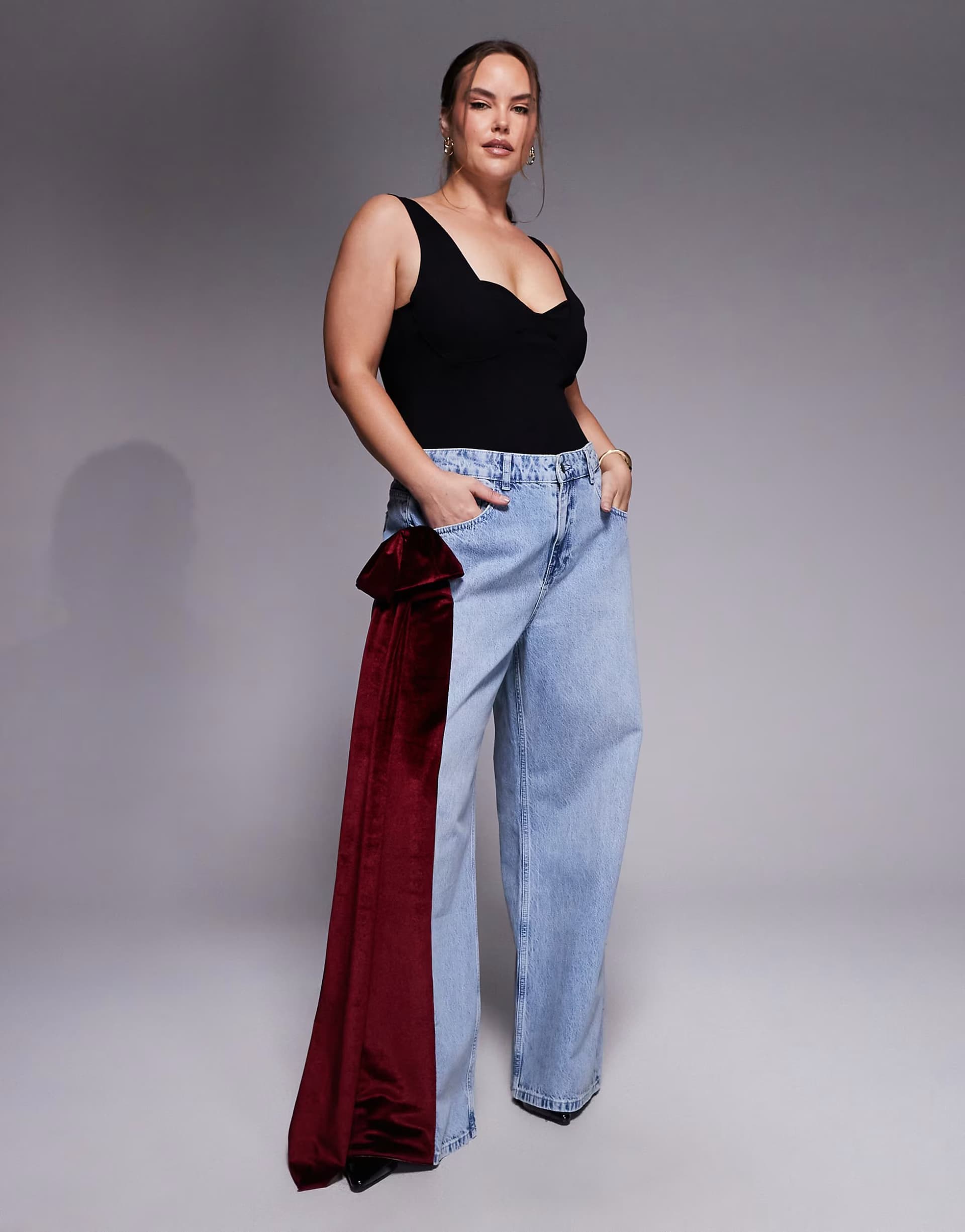 ASOS ASOS LUXE curve wide leg jeans with 3D velvet bow detail in light blue