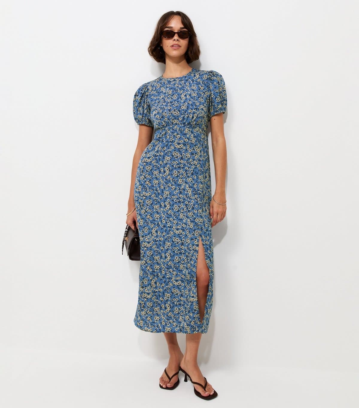 New Look Women's Blue Ditsy Floral Puff Sleeve Split Midi Dress New Look