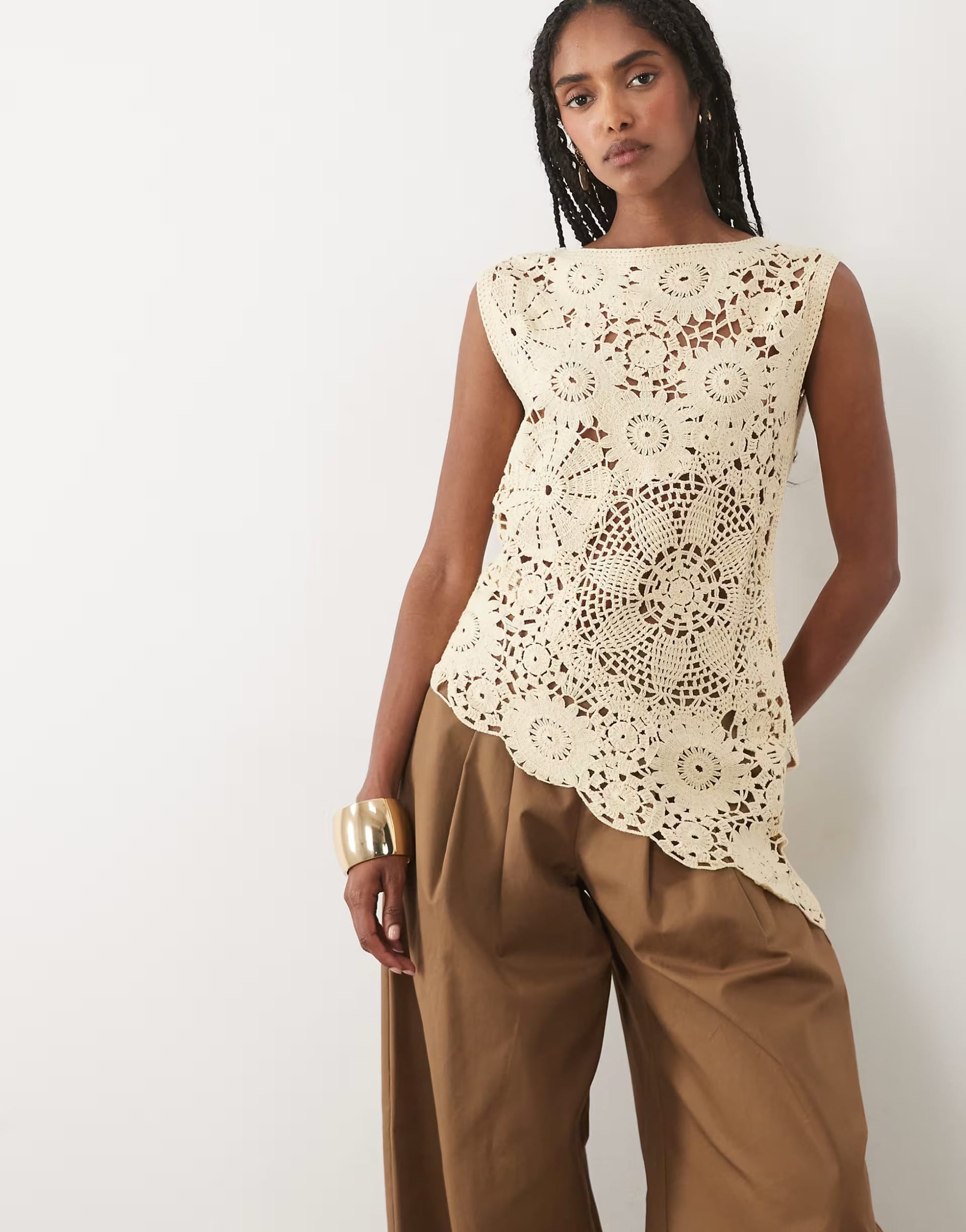 ASOS Beige Crochet Asymmetric Sleeveless Top