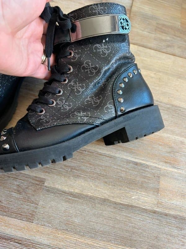 Guess 🖤 Guess Black Logo Studded Biker Ankle Boots Size 3 Chunky Sole Lace Zip