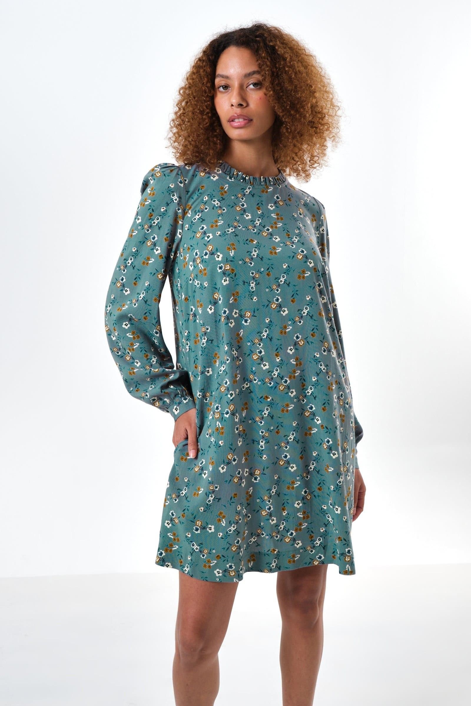Louche Louche Women's Sola Naïve Posy Print Long Sleeve Mini Dress - Teal in Green