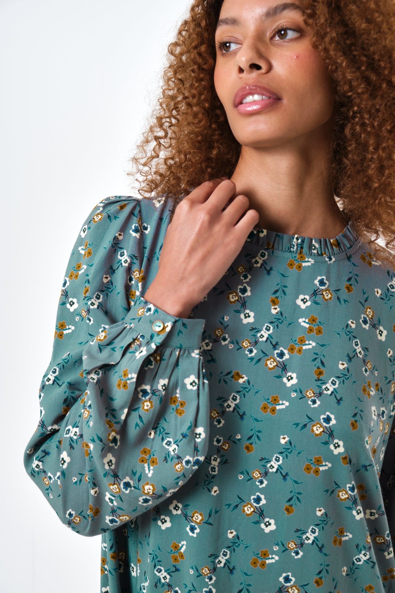 Louche Louche Women's Sola Naïve Posy Print Long Sleeve Mini Dress - Teal in Green - 3