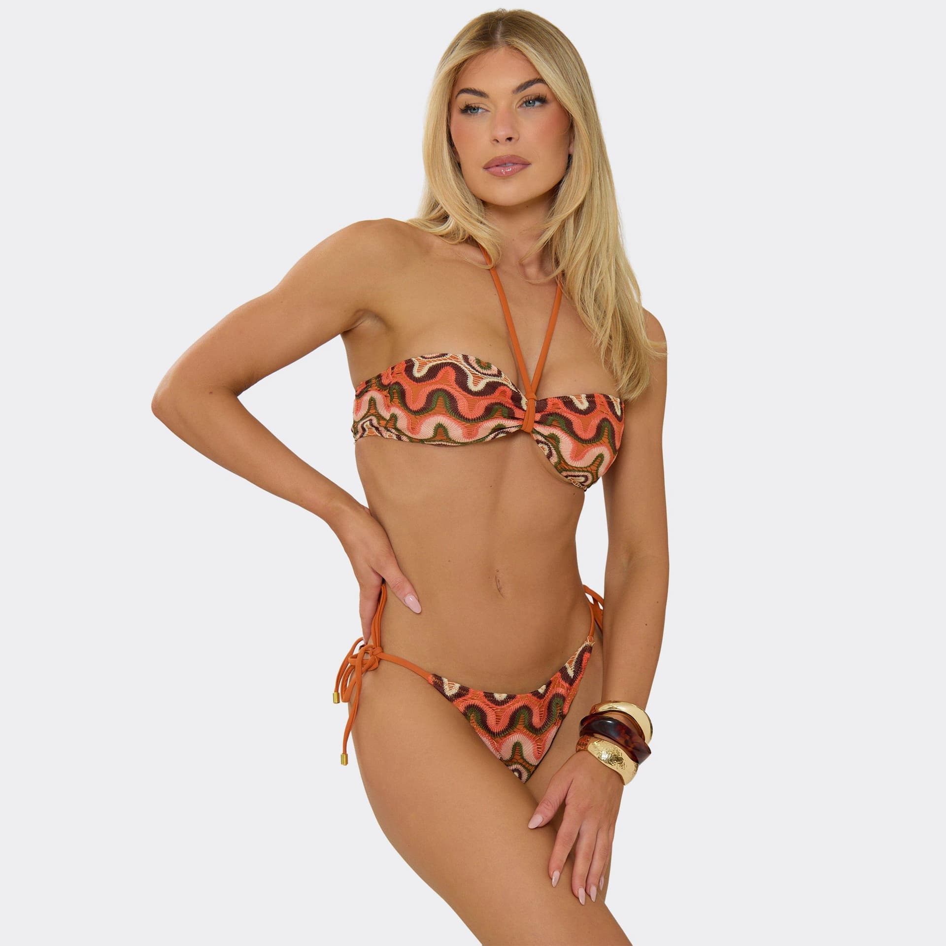 EGO Halterneck Bikini Top In Orange Textured Print, Women's Size UK L