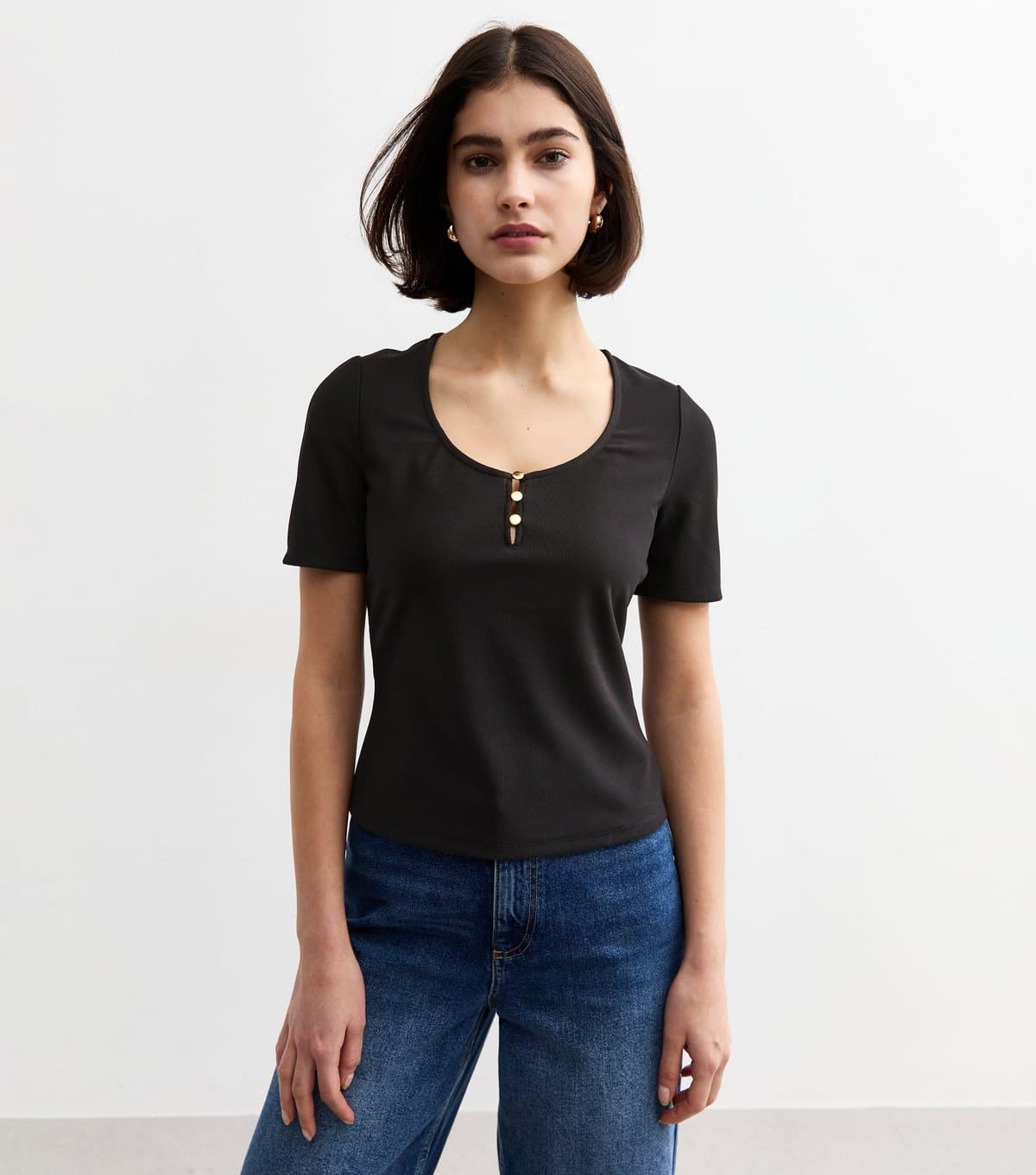 New Look Women's Black Ribbed Scoop Neck Top New Look
