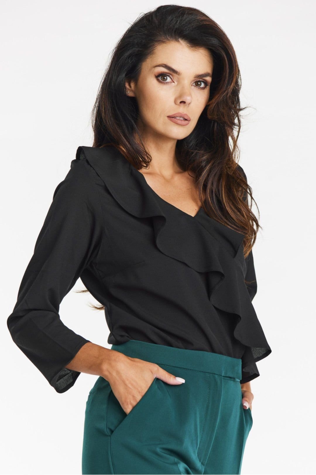 Love Lace Love Lace Women's Awama Elegant V Neck Ruffle Blouse in Black - 4