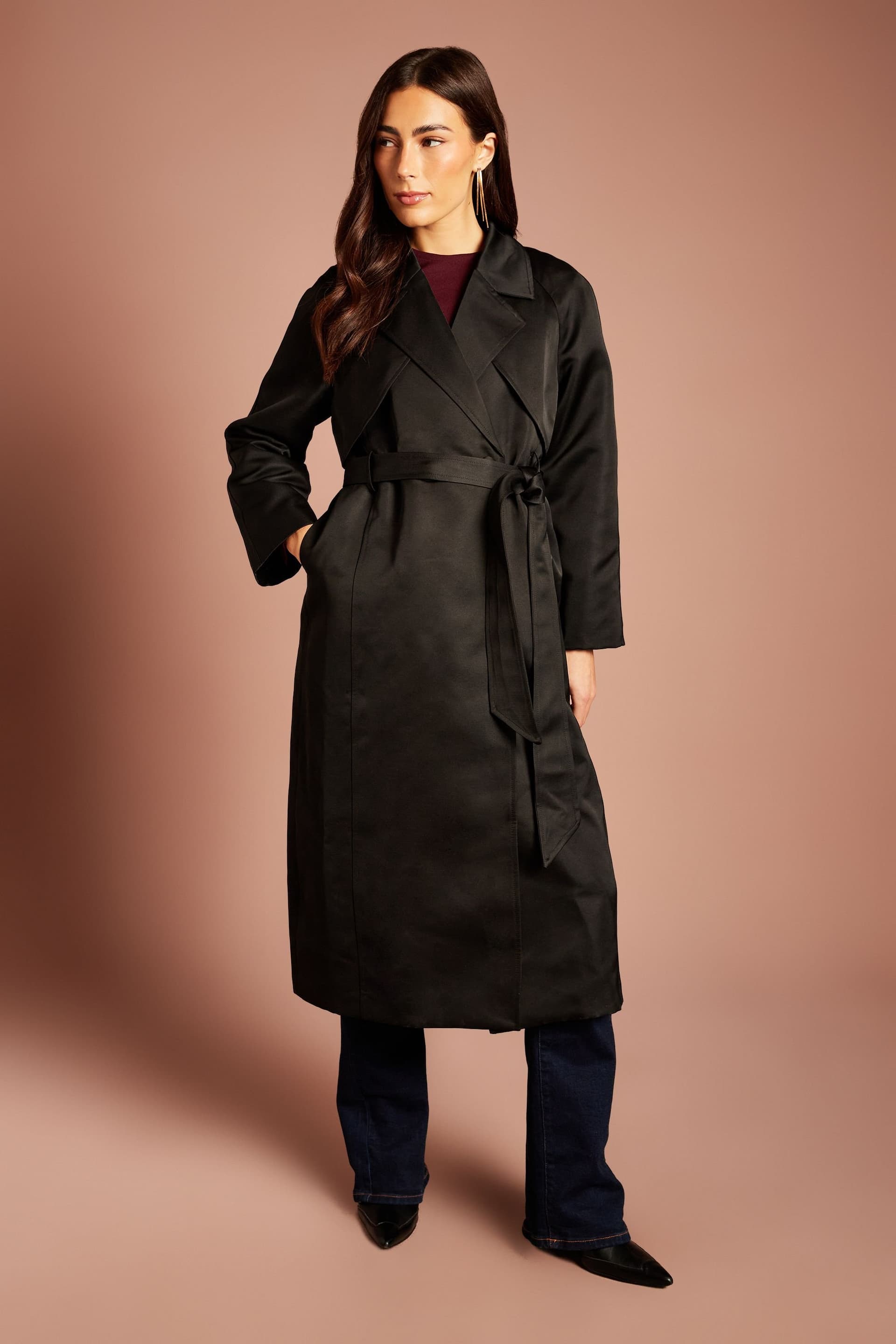 Coast Coast Women's Black Satin Occasion Belted Trench Coat