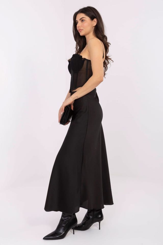 Love Lace Love Lace Women's Long High Waist Satin Skirt with Elastic in Black - 2