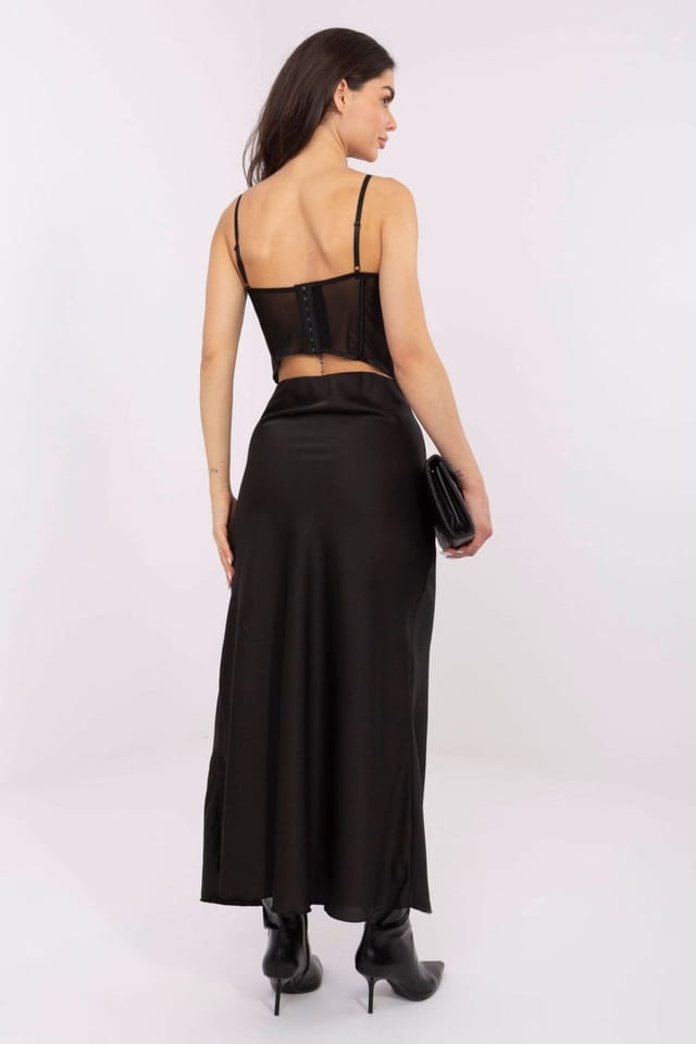 Love Lace Love Lace Women's Long High Waist Satin Skirt with Elastic in Black - 3