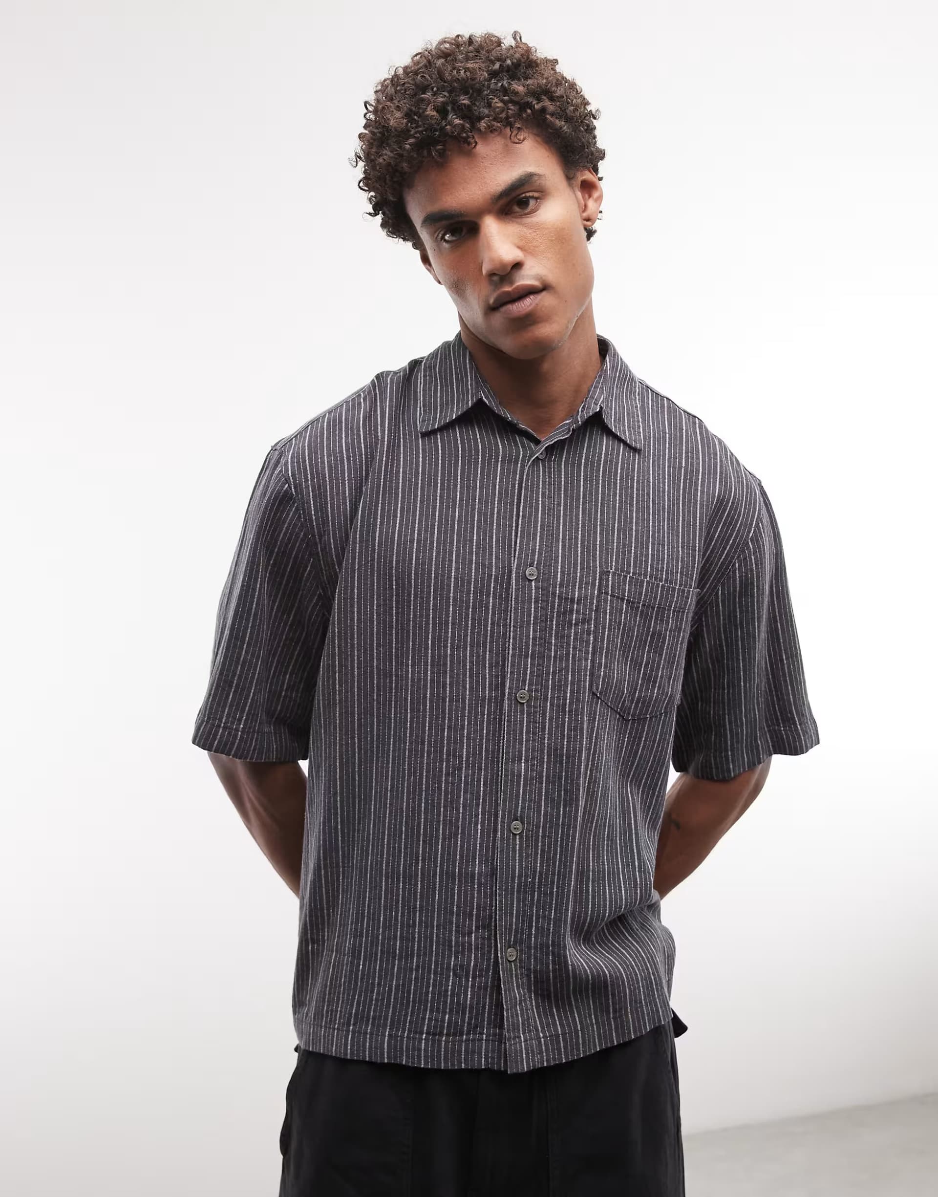 ASOS Weekday Franco short sleeve linen blend shirt in dark grey stripe