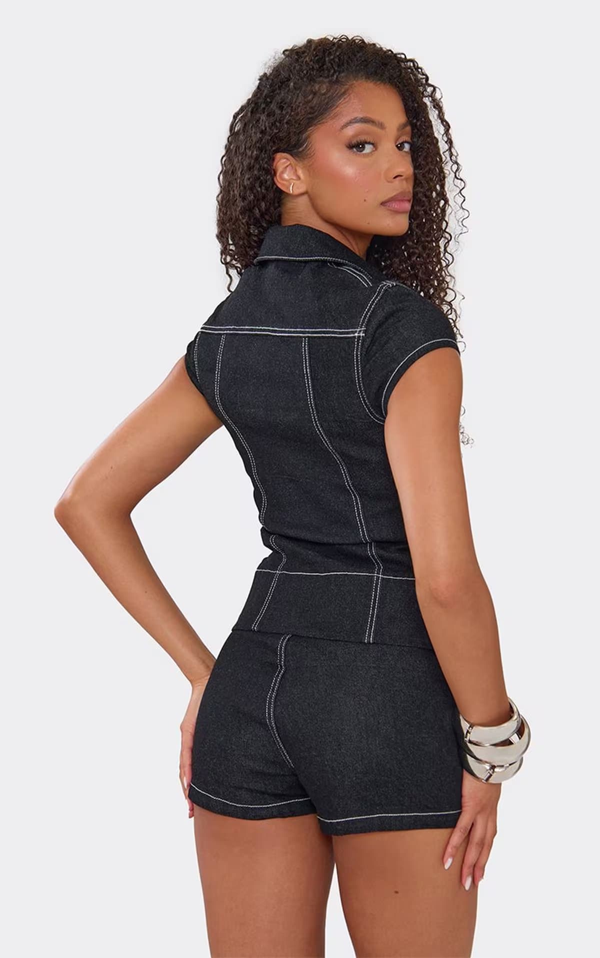 EGO Short Sleeve Contrast Stitching Zip Up Front Collared Top In Black Denim, Women's Size UK 6
