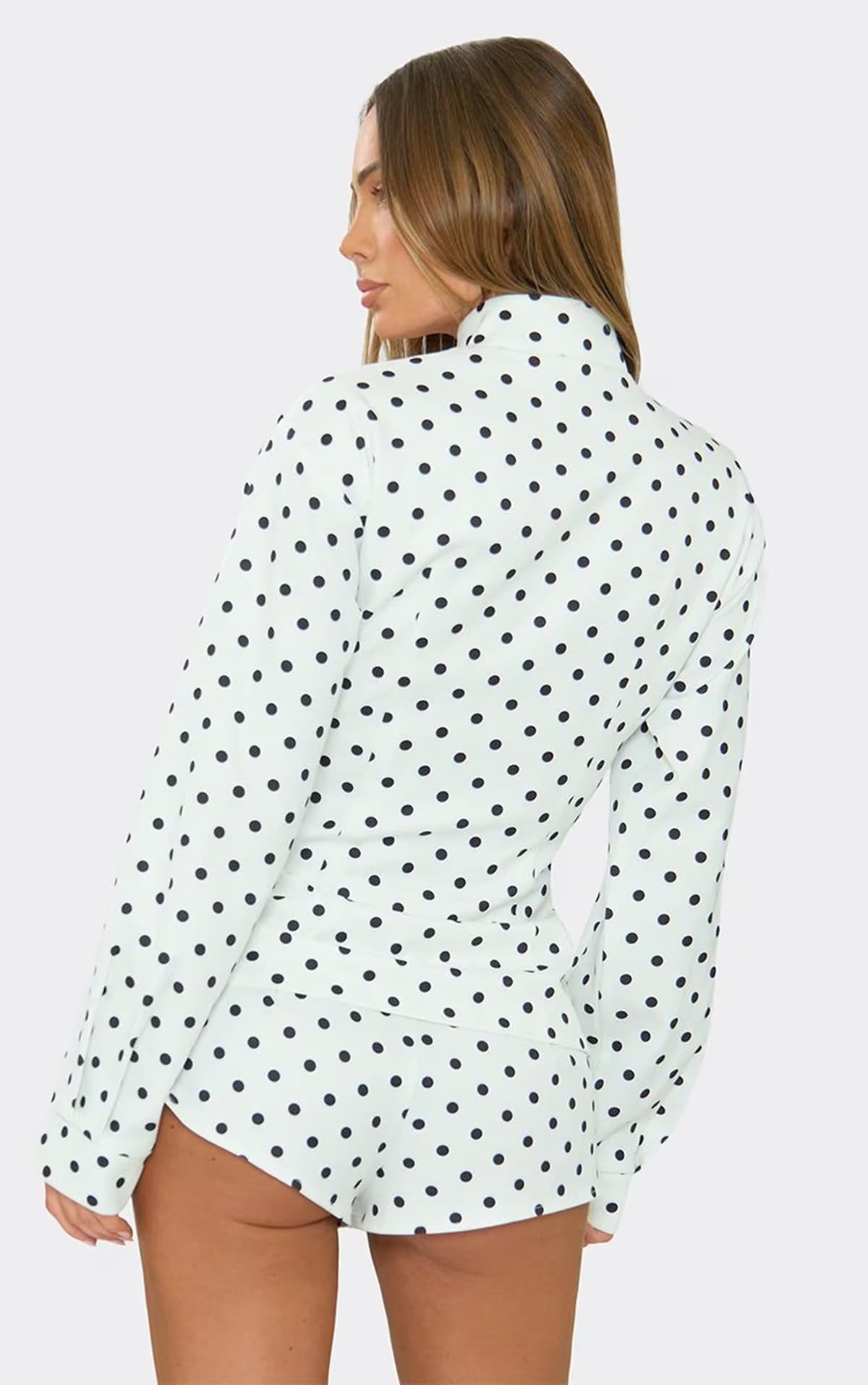Long Sleeve High Neck Playsuit In White Polka Dot, Women's Size UK 6