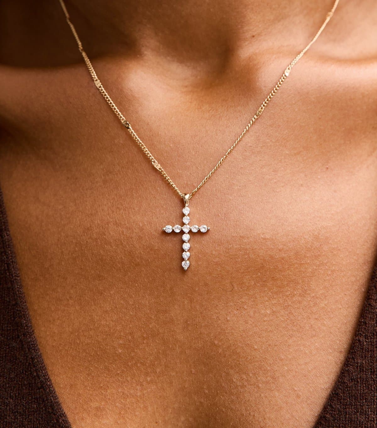 New Look New Look Gold Tone Cubic Zirconia Cross Pendant Necklace