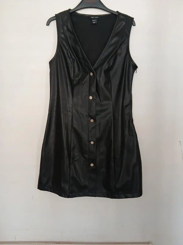 New Look New Look Black PU Faux Leather V Neck Mini Pinafore Gold Button Up Dress Size 12