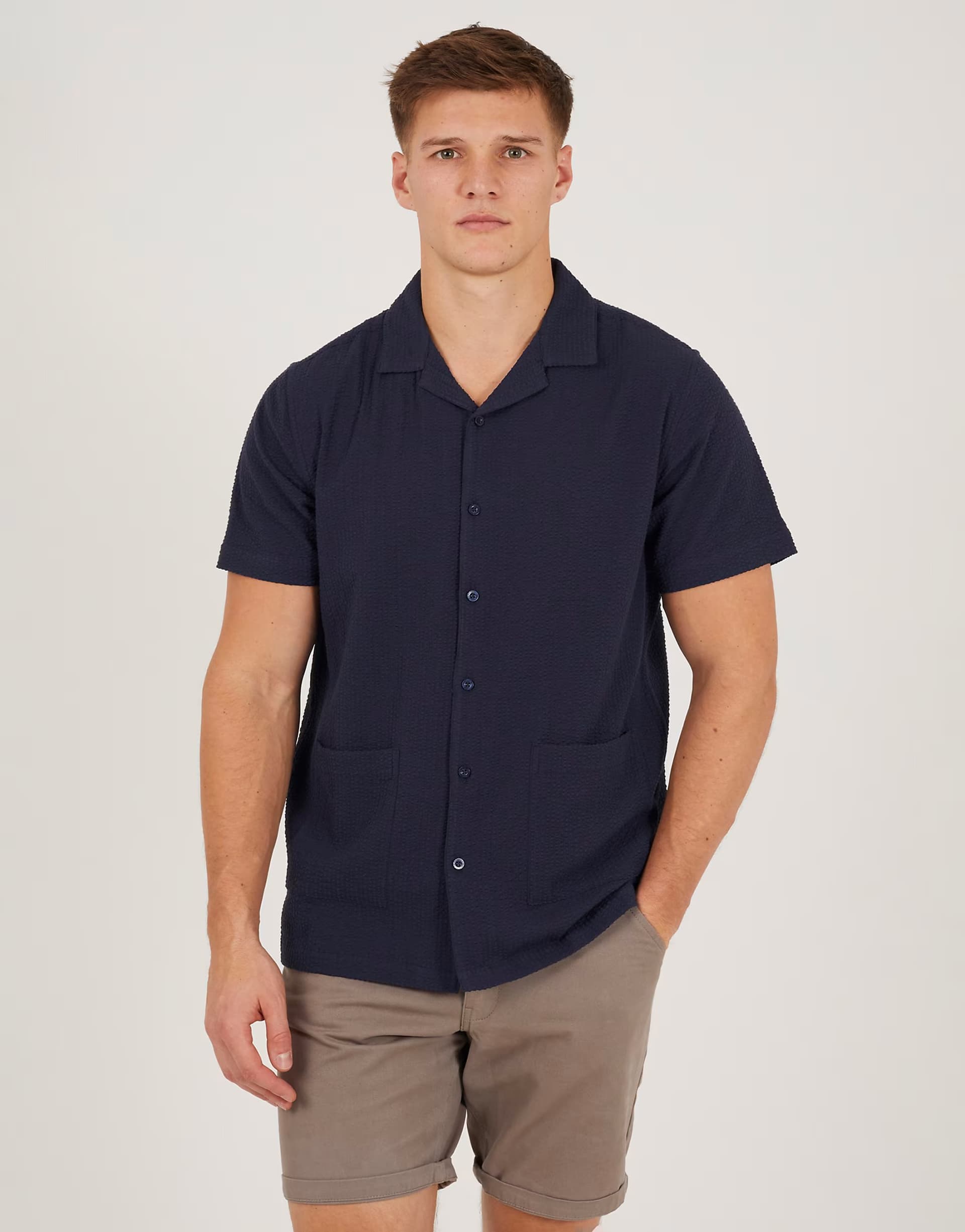 ASOS Brave Soul Revere collar patch pocket short sleeve shirt in navy