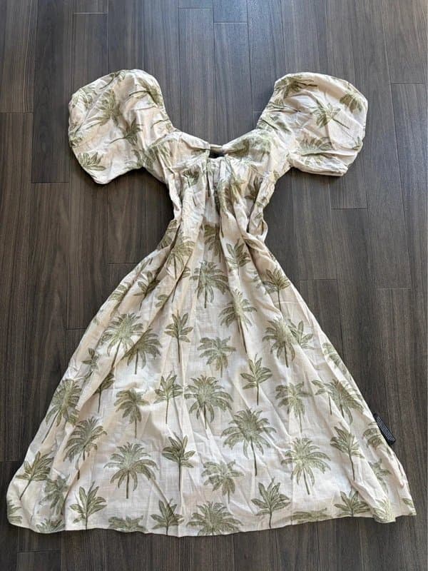 New Look Cream Palm Tree Print Bow Back Midi Summer Dress