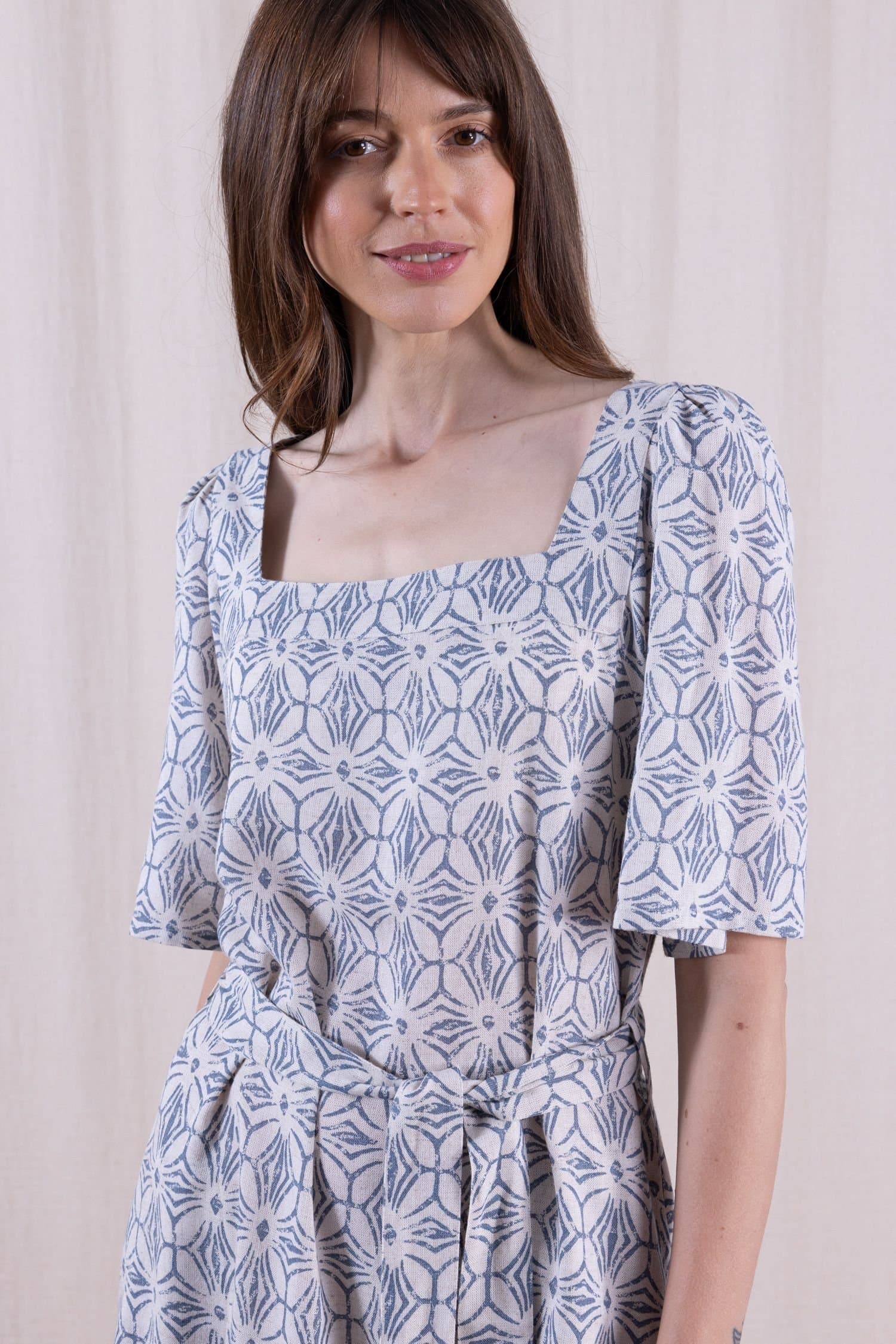 Nomads Clothing Nomads Clothing Women's Womens Linen Blend Square Neck Dress in Light Blue