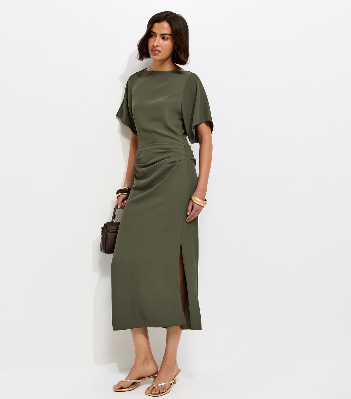 New Look Women's Dark Khaki Ruched Waist Short Sleeve Midi Dress New Look