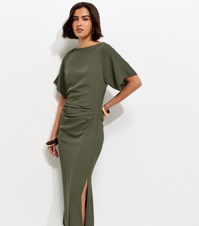 New Look Women's Dark Khaki Ruched Waist Short Sleeve Midi Dress New Look - 2
