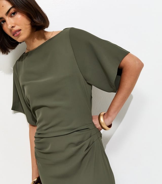 New Look Women's Dark Khaki Ruched Waist Short Sleeve Midi Dress New Look - 3
