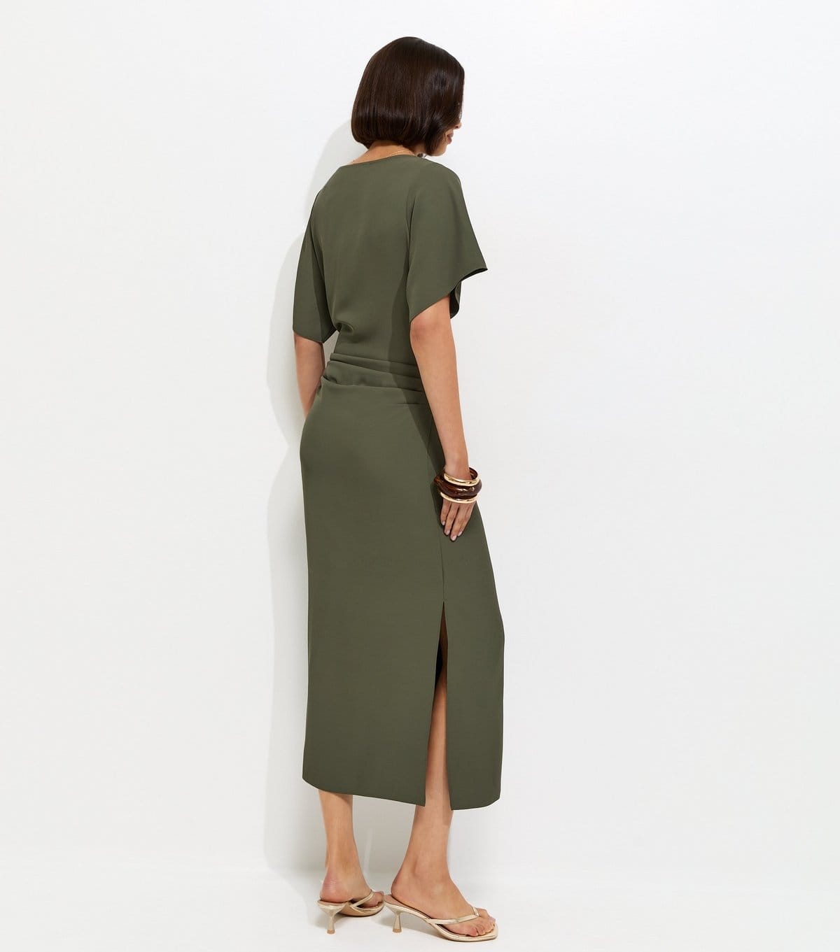 New Look Women's Dark Khaki Ruched Waist Short Sleeve Midi Dress New Look - 4