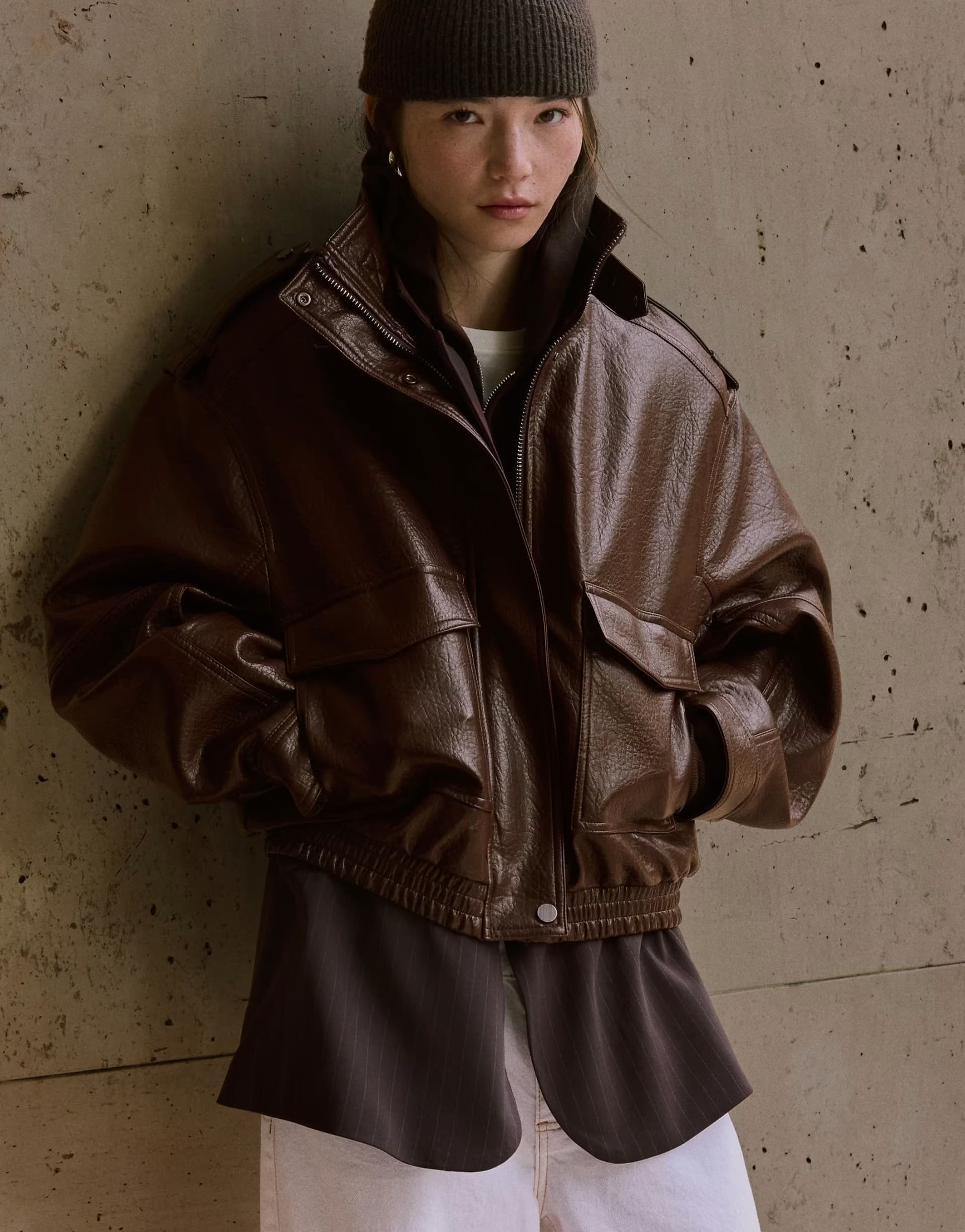 ASOS Bershka Leather effect funnel neck jacket in brown