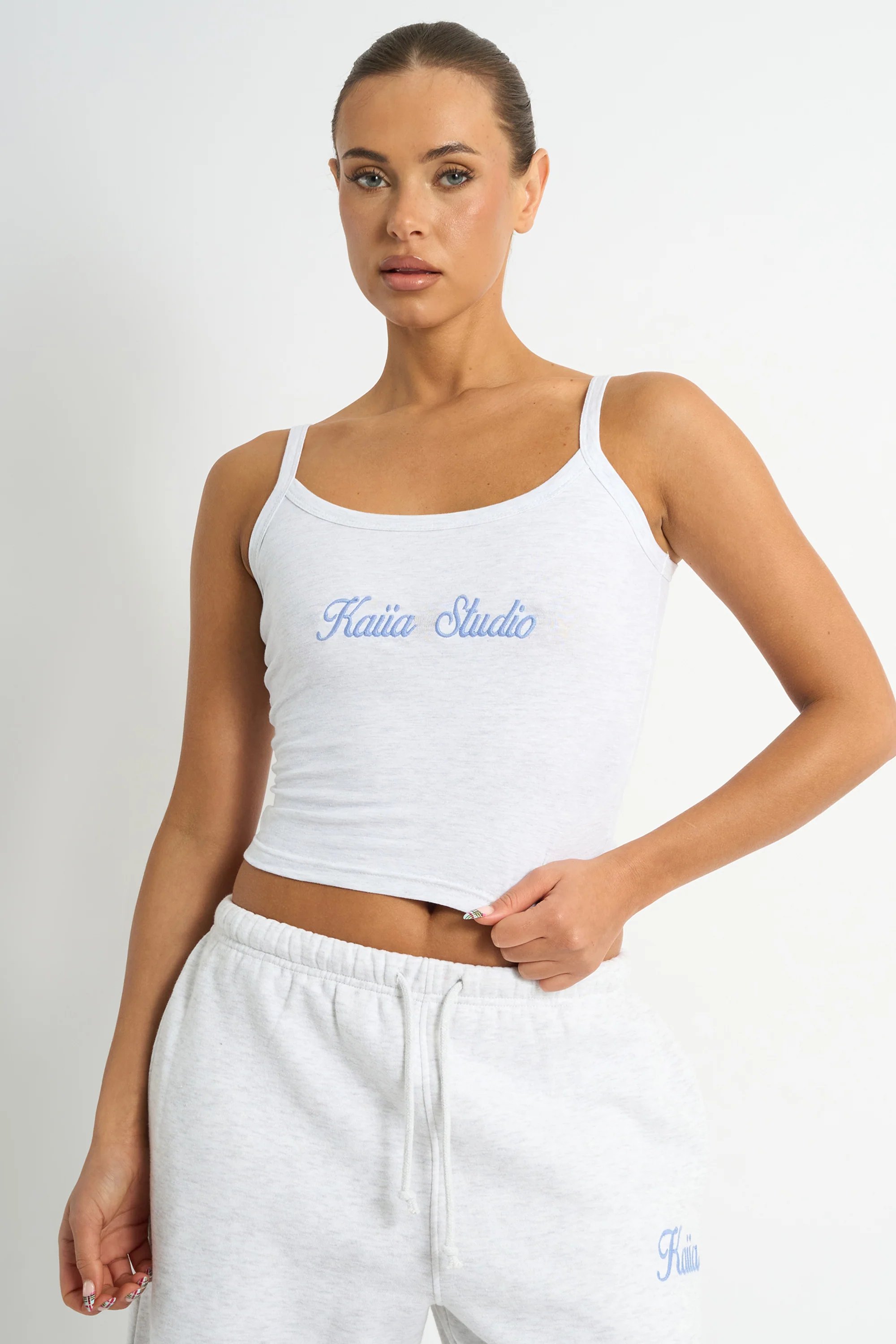 Kaiia Kaiia Script Logo Cami Top Light Grey Marl & Vintage Blue - 1