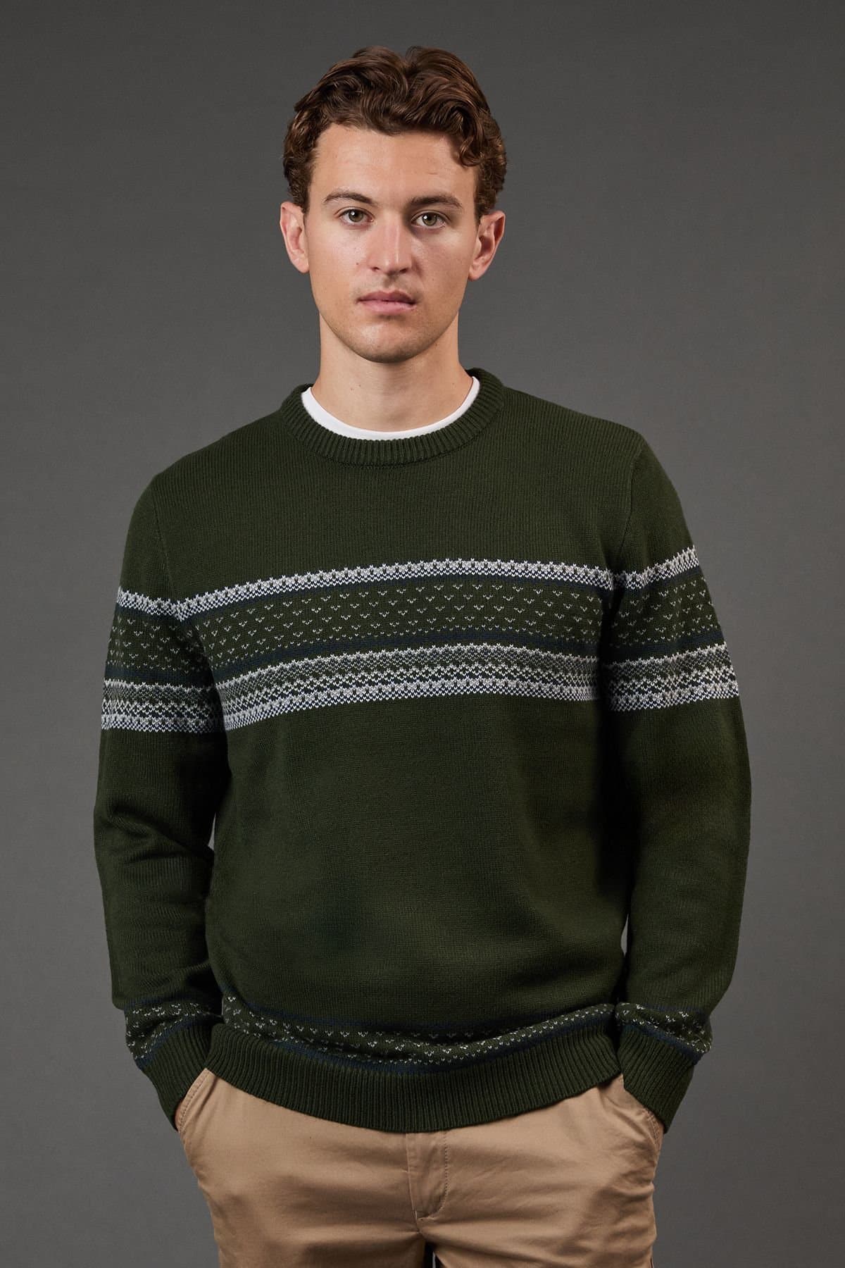 Burton Burton Men's Placement Stripe Pattern Crew Neck Jumper in Dark Green