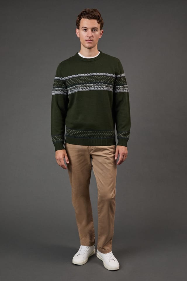 Burton Burton Men's Placement Stripe Pattern Crew Neck Jumper in Dark Green - 2
